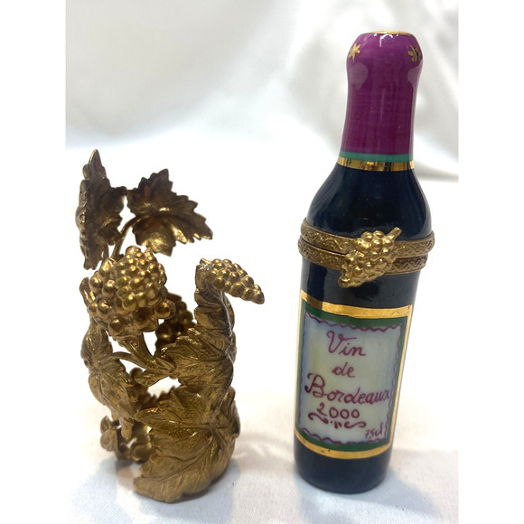 Limoges vin de Bordeaux 2000 peint main wine bottle Trinket Box - Picture 2 of 5